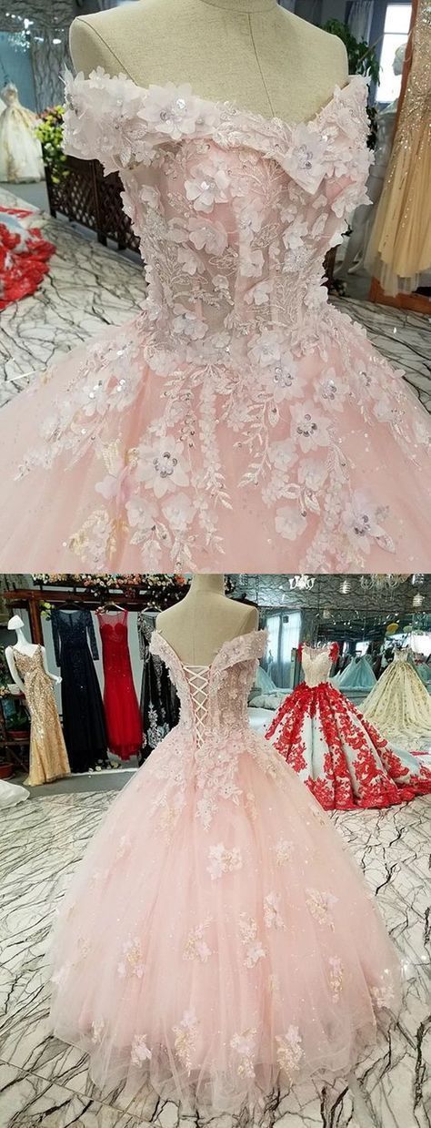 Blush Pink Flowers Tulle Off Shoulder Quinceanera Dresses Ball Gowns Prom Dress CD11696