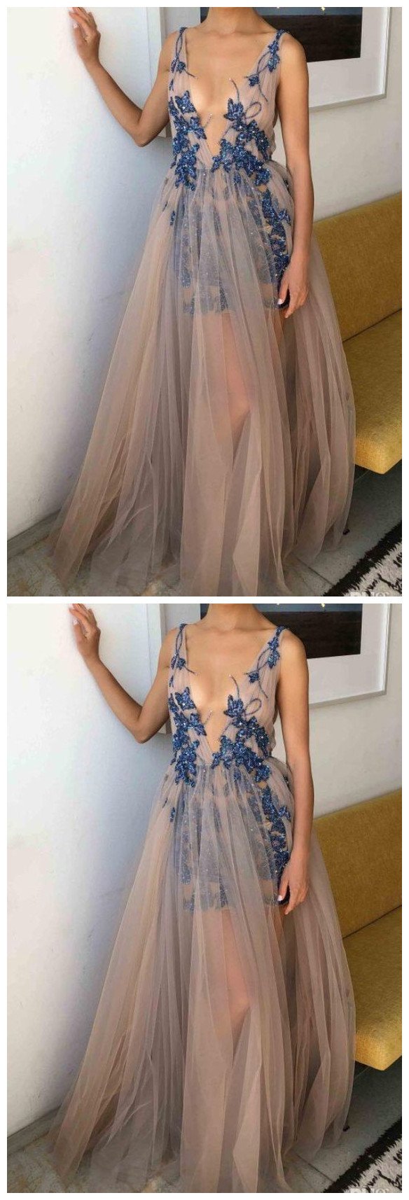 Pretty Sexy Champagne Prom Dress, A-Line Prom Gown, Tulle Prom Dress, Appliques Prom Gown CD1169