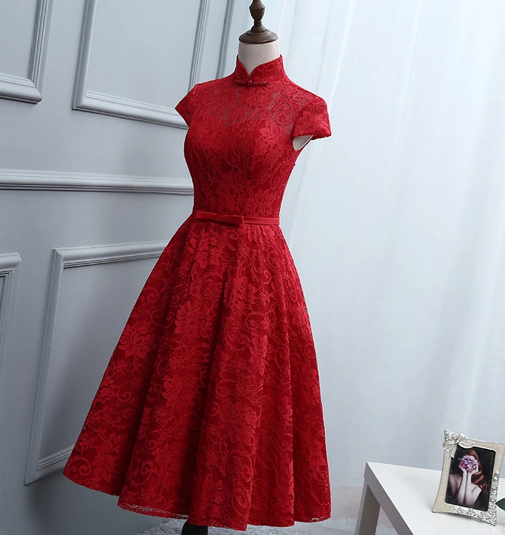 Red Lace Knee Length High Neckline Party Dress, Lace Homecoming Dresses CD11726