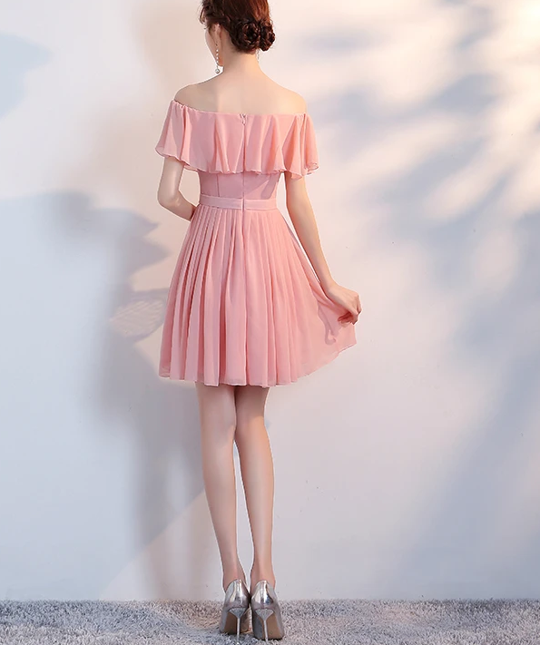 Lovely Off Shoulder Light Pink Short Bridesmaid Dress, Pink Homecoming Dresses CD11727
