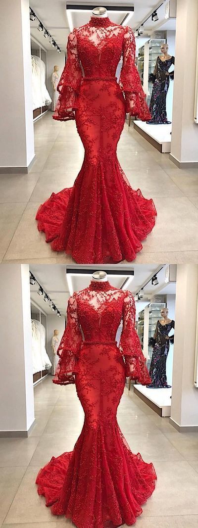 Long Sleeve High-Neck Long Red Prom Dresses CD11773