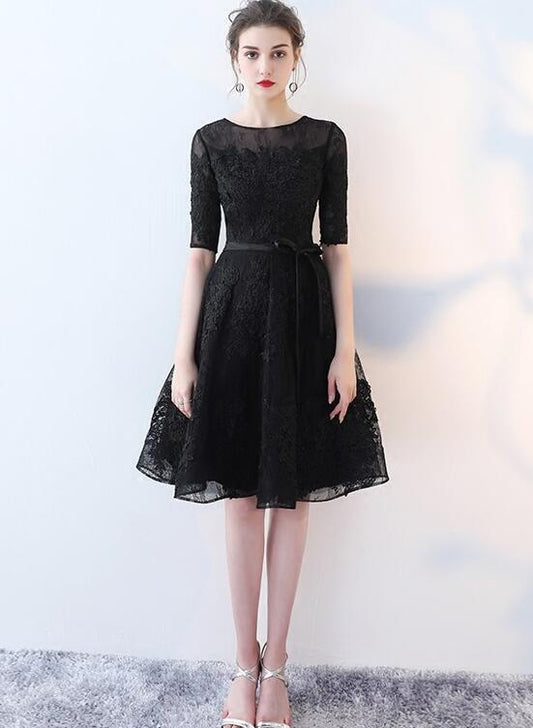 Cute Black Lace Short Sleeves Party Dress, Black Lace Homecoming Dress CD11776