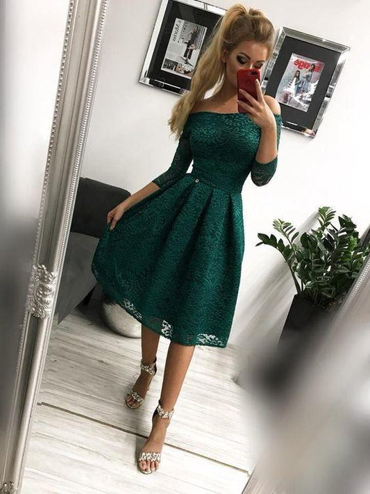 Off the shoulder green lace prom dress, short prom dress CD11852