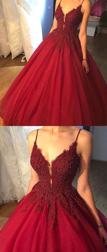 Ball Gown Spaghetti Straps Burgundy Prom Dress with Beading Appliques CD1187