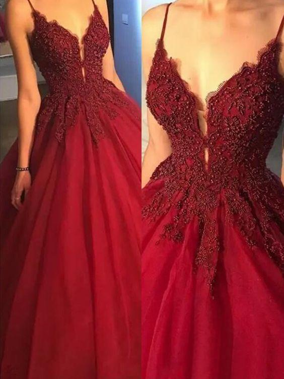 Ball Gown Spaghetti Straps Burgundy Prom Dress with Beading Appliques CD1187