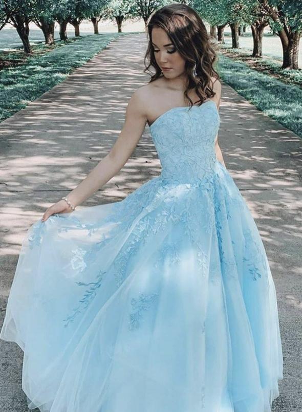 Blue lace strapless prom dress formal gown CD11892