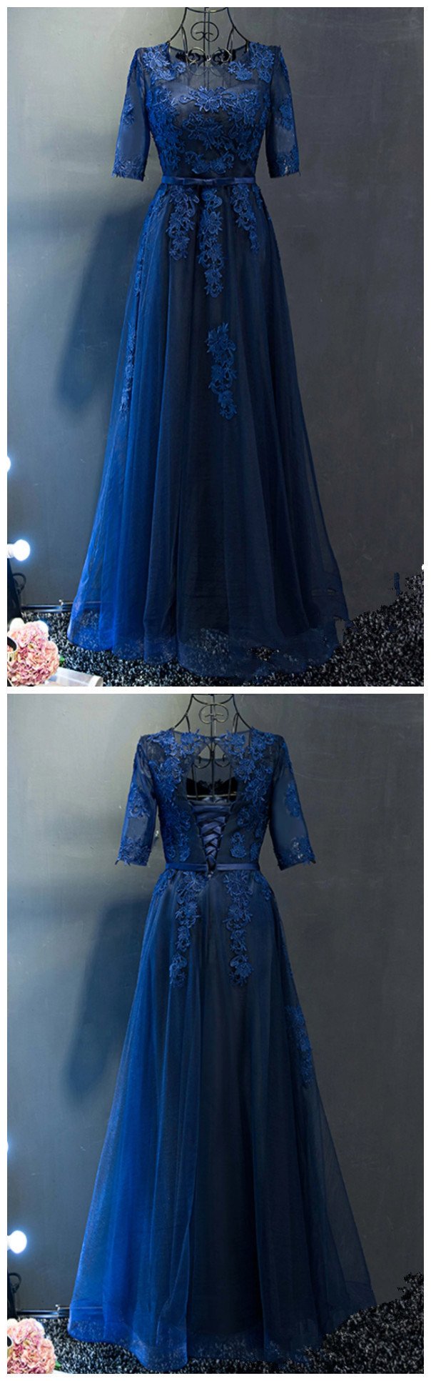 Navy Blue tulle see-through short sleeves lace applique long prom dress CD11915