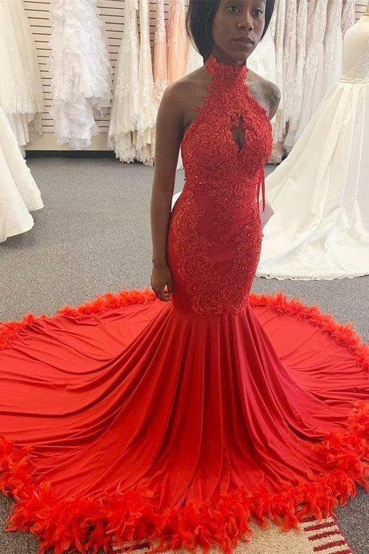 high neck mermaid red long prom dress with train CD11942