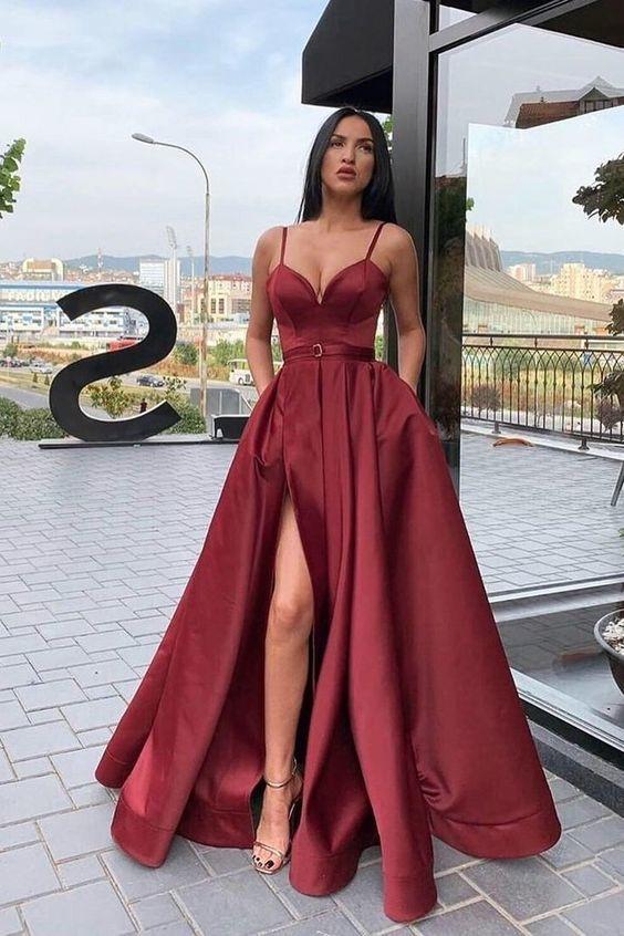 Straps A-Line Maroon Long Prom Dress with Slit CD11992