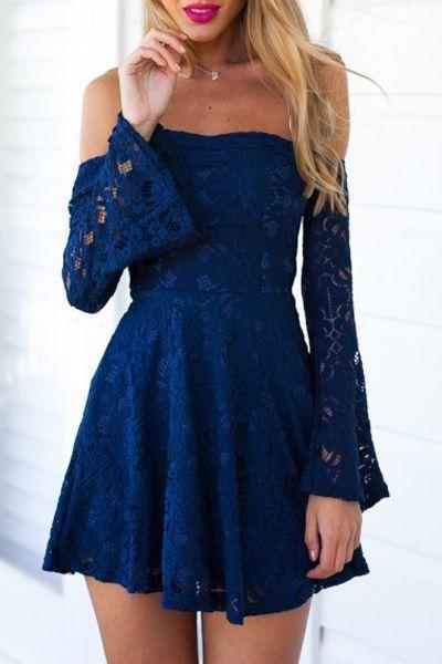 Blue Lace Homecoming Dress, Off The Shoulder Dress, Flare Party Dress, Sexy Homecoming Dress CD119