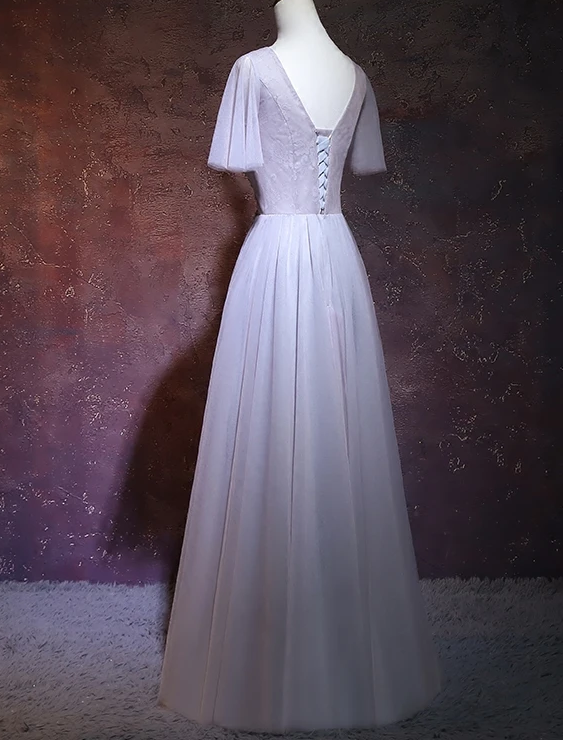 Light Grey Tulle Long V-Neckline Party prom Dress, Tulle Bridesmaid Dress CD12024