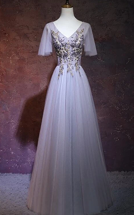 Light Grey Tulle Long V-Neckline Party prom Dress, Tulle Bridesmaid Dress CD12024