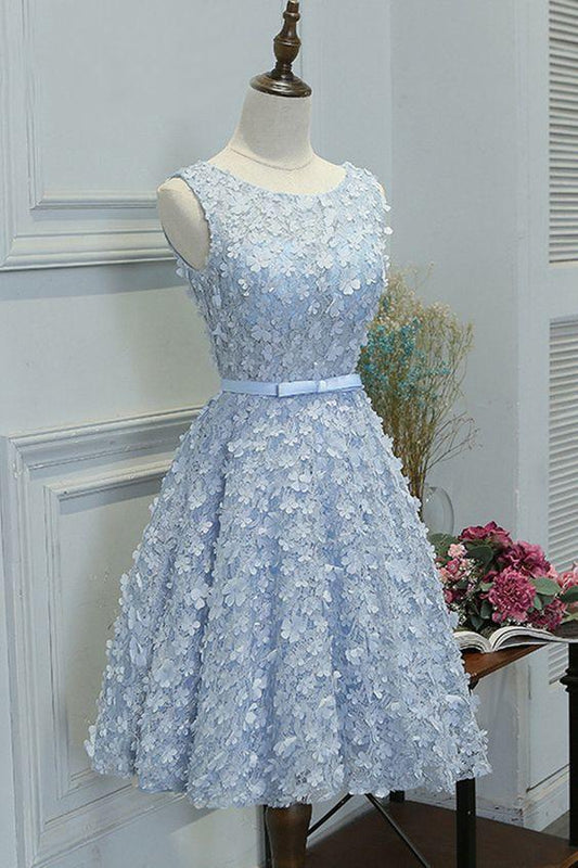 A-Line Boat Neck Knee-Length Blue Lace Homecoming Dress with Appliques CD12024