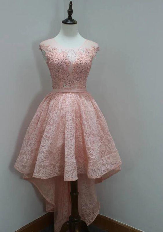 Stylish Round Neck High Low Lace Pink Homecoming Dress CD12024