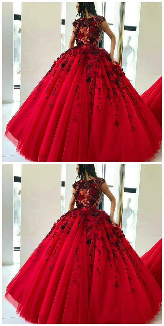 Ball Gown Jewel Sweep Train Red Tulle Prom Dress With Appliques Flowers CD12024