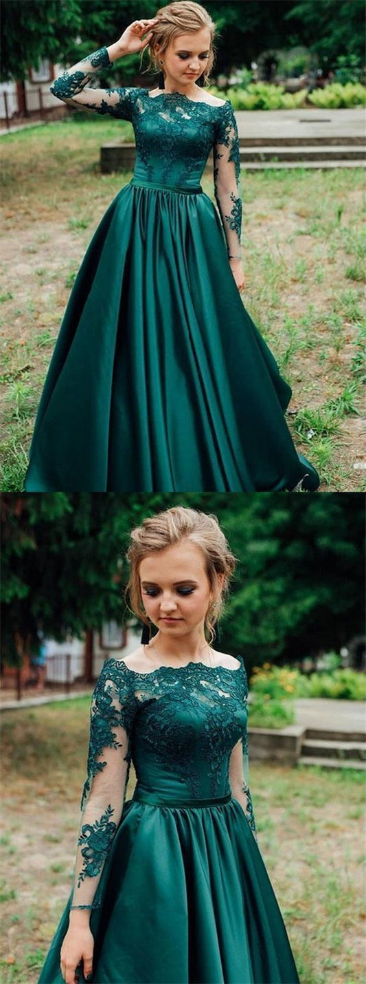 Gorgeous Prom Dress, Dark Green Prom Dress, Long Sleeves Prom Dress, Lace Prom Dress CD12027