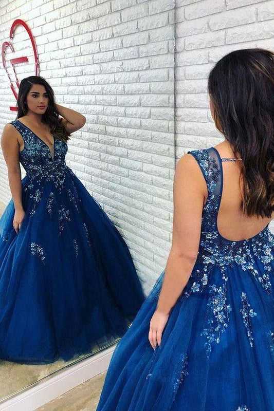 Ball Gown Royal Blue Beaded Long Plus Size Prom Gown with Open Back CD12084