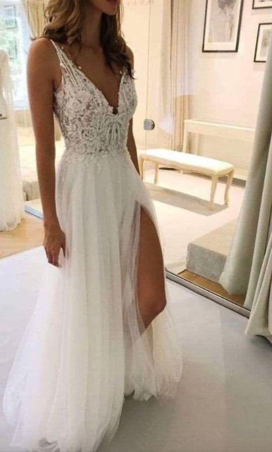 Beach wedding dress with straps Boho lace prom dress with a slit on the sides CD12107