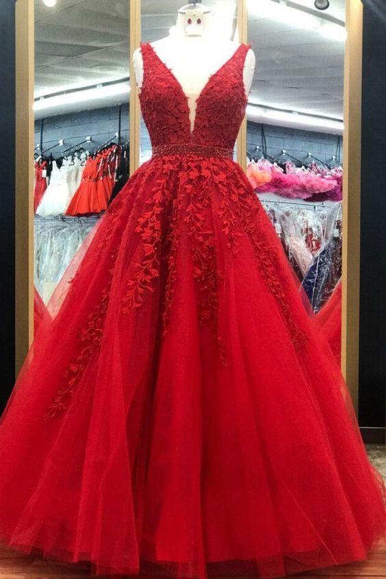 Elegant Red Long Prom Dress with Lace Appliques CD12143