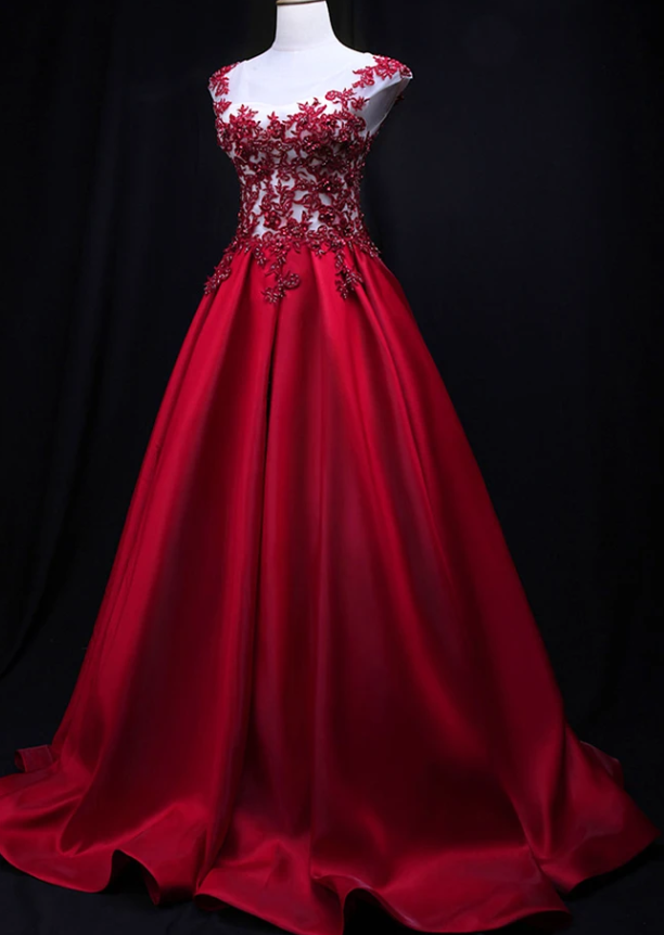 Gorgeous Dark Red Satin Long Cap Sleeves Formal Dress, Prom Dress 2024 CD12149