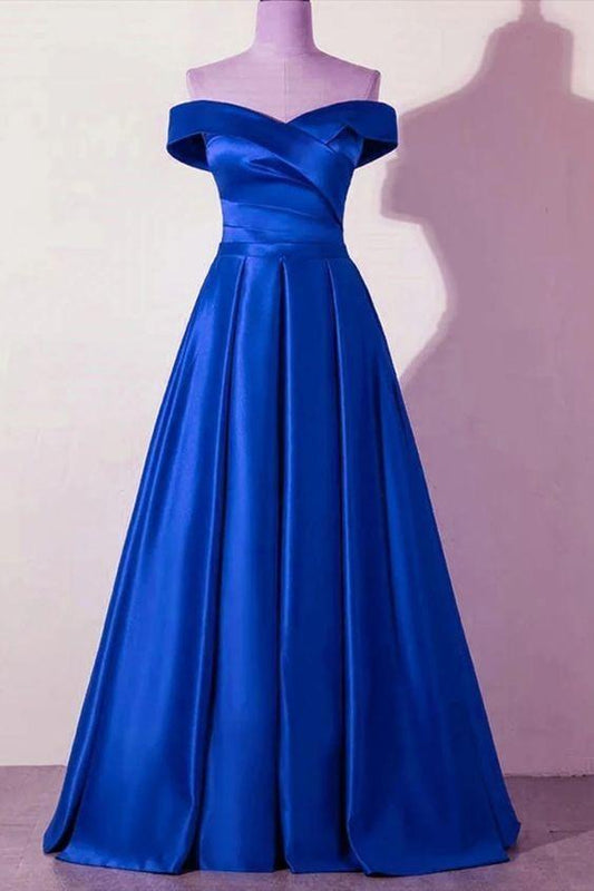 Off the Shoulder Blue Satin Long Prom Dresses CD12186