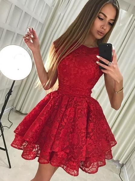 Pretty Round Neck Short Cheap Red Lace Homecoming Party Dresses, cute homecoming dress CD121