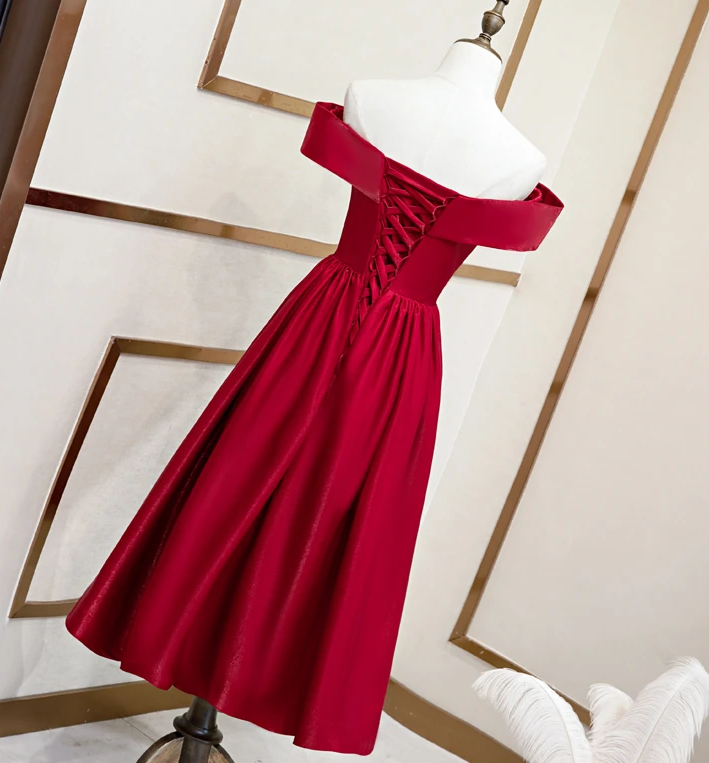 Beautiful Wine Red Tea Length Satin Bridesmaid Dress, Cute Short Prom Dress CD12205