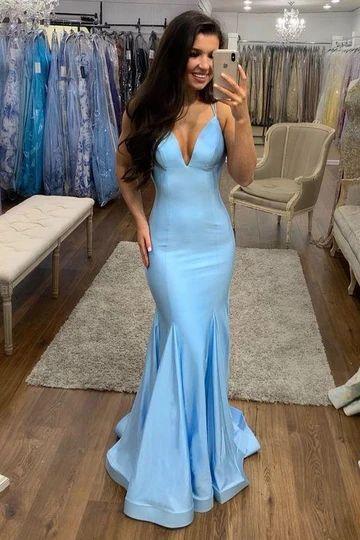 Sky Blue Mermaid Prom Dresses with Deep V-neckline CD12230