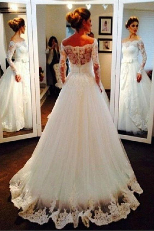 Long Sleeves Off-the-Shoulder Lace Wedding Dresses Bridal Gowns Prom Formal Evening Dress CD12253