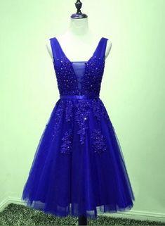 Lovely Blue V-Neckline Lace Applique Homecoming Dress CD12263