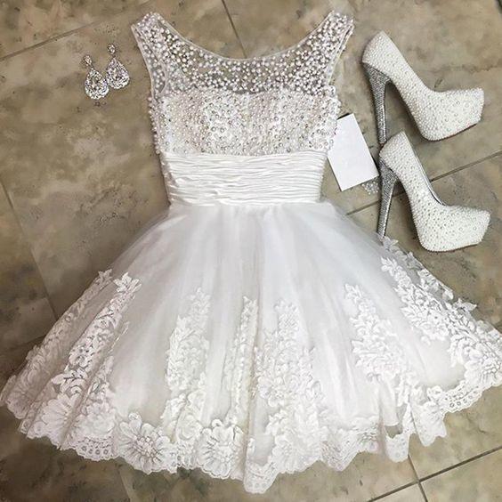 White Homecoming Dress, Short Beading Dress CD12311