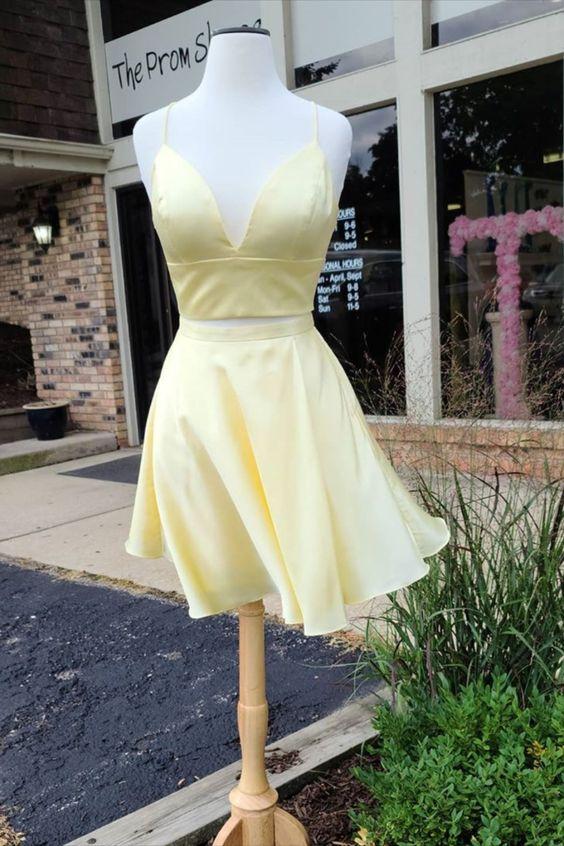 two piece short yellow homecoming dress with spaghetti straps CD12343