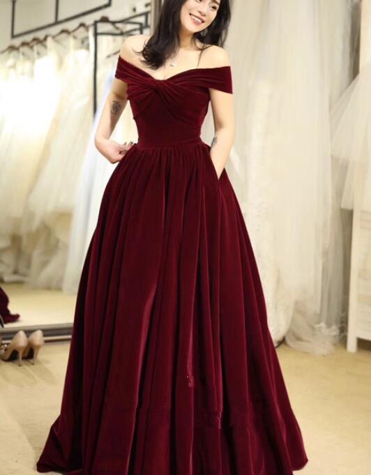 Off Shoulder Long Wine Red Velvet Ball Gown, Charming Party prom Dress CD12371