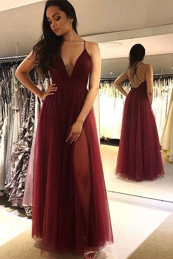 Deep V neck Burgundy Tulle Floor Length Prom Dress, Long Evening Dress CD12433