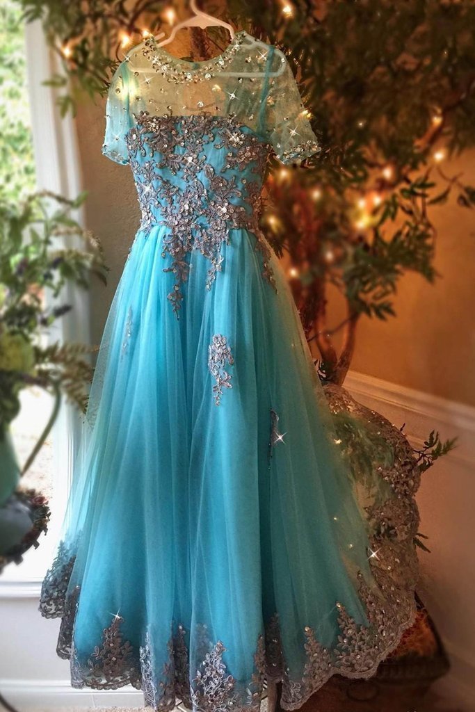 Dark turquoise organza see-through applique beading long prom dresses, evening dresses CD12467