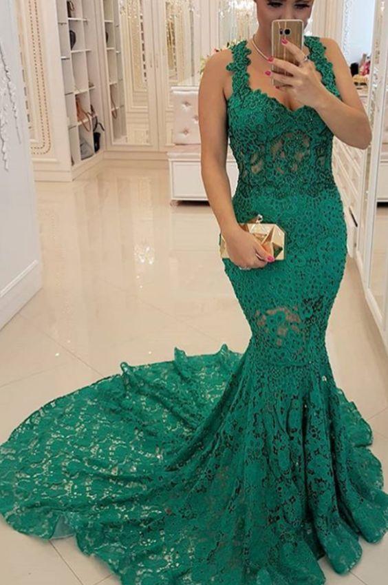 Custom Made Mermaid Green Lace Prom Dress Strapless Custom Made Women Dress CD12532