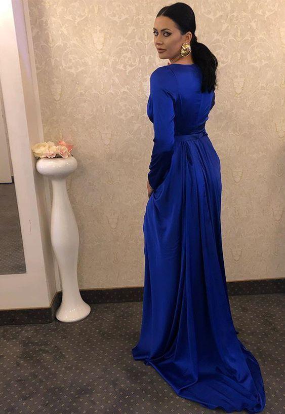 Royal Blue Long Sleeves Prom Dress With Split CD12568