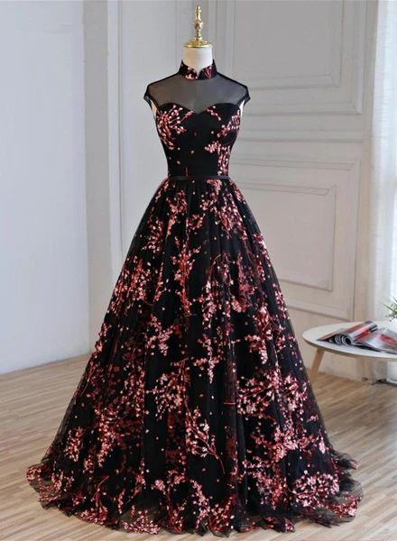 Gorgeous Black Tulle Long Formal Gown, Floral Evening Party Dress Prom Dress CD12644