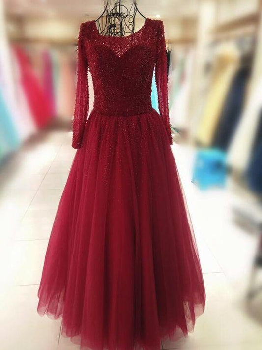 Gorgeous Wine Red Tulle Beaded Long Sleeves Prom Gown, Sweet 16 Dresses CD12680