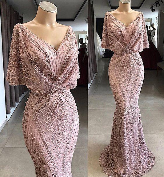 Gorgeous Floor Length Prom Dress Metallic Lace Special Occasion Gown with Flutter Sleeves and Beaded CD1268