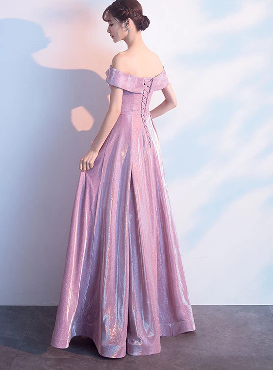 Beautiful Off Shoulder Pink Shiny Long Bridesmaid Dress, Cute Prom Dress CD12692