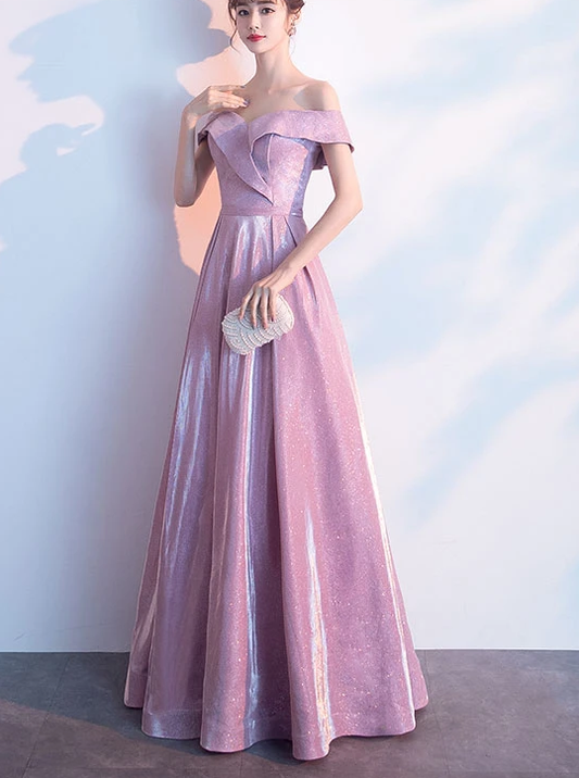 Beautiful Off Shoulder Pink Shiny Long Bridesmaid Dress, Cute Prom Dress CD12692