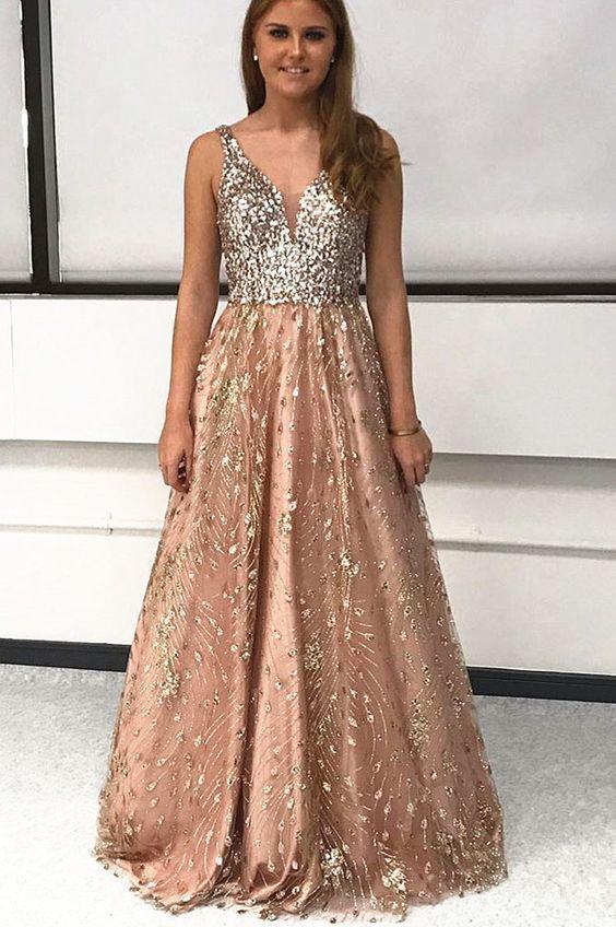 A-Line Gold Tulle Long Prom Dress with Sequins CD12754