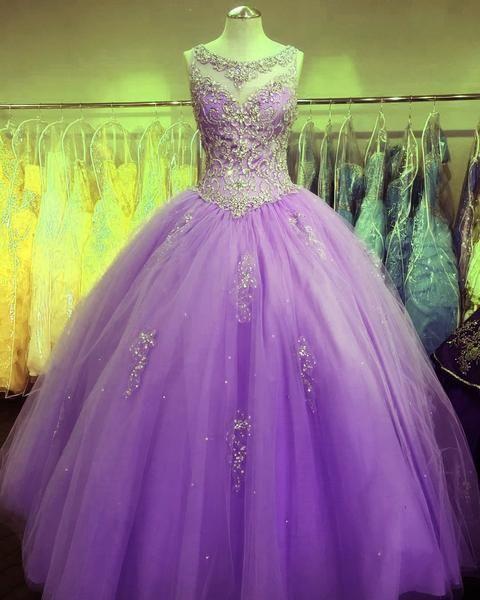 Crystal Beaded Scoop Neck Tulle Quinceanera Dresses Ball Gowns prom dress CD12758