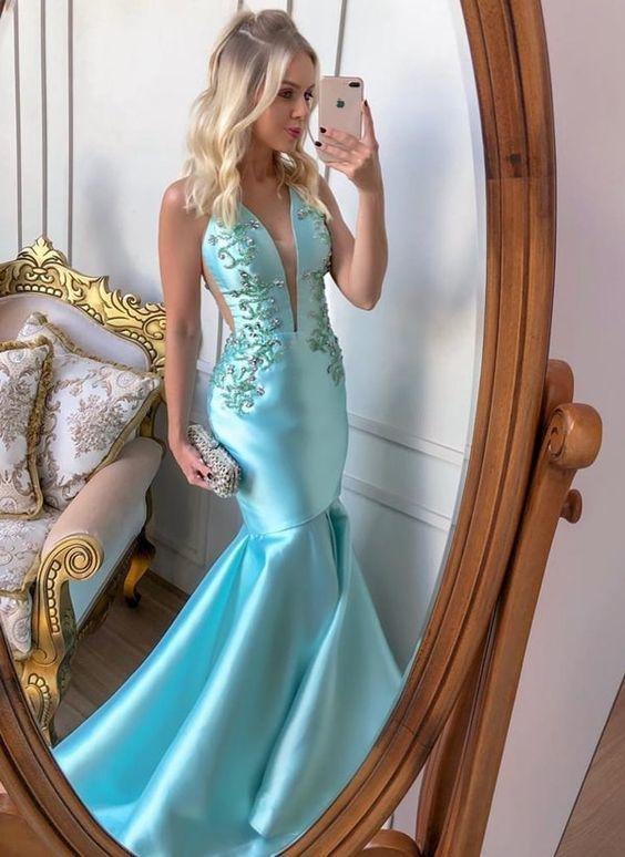 v neck mearmaid long prom dress with appliques CD12766