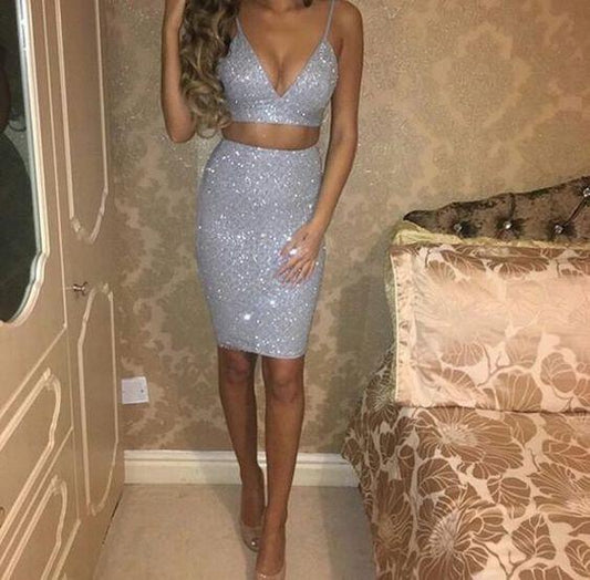Silver Sparkly Elegant Two Pieces homecoming dress CD1277