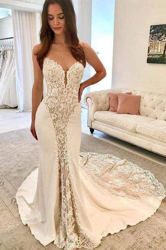 Ivory Satin Gorgeous Lace Spaghetti Strap Vintage Mermaid Wedding prom Dress CD12795
