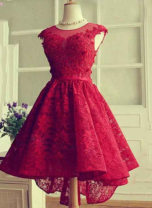 Fashionable Wine Red Lace High Low Party Dress, Lace Homecoming Dress CD12803