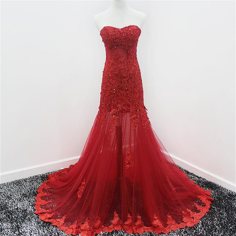 Beautiful Mermaid Tulle Sweetheart Evening Gown, Wine Red Lace Applique Prom Dress CD12806