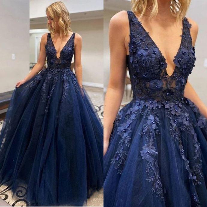 Navy Blue Tulle Evening Dresses with 3D Flower Beads Lace Plus Size prom dress CD12821